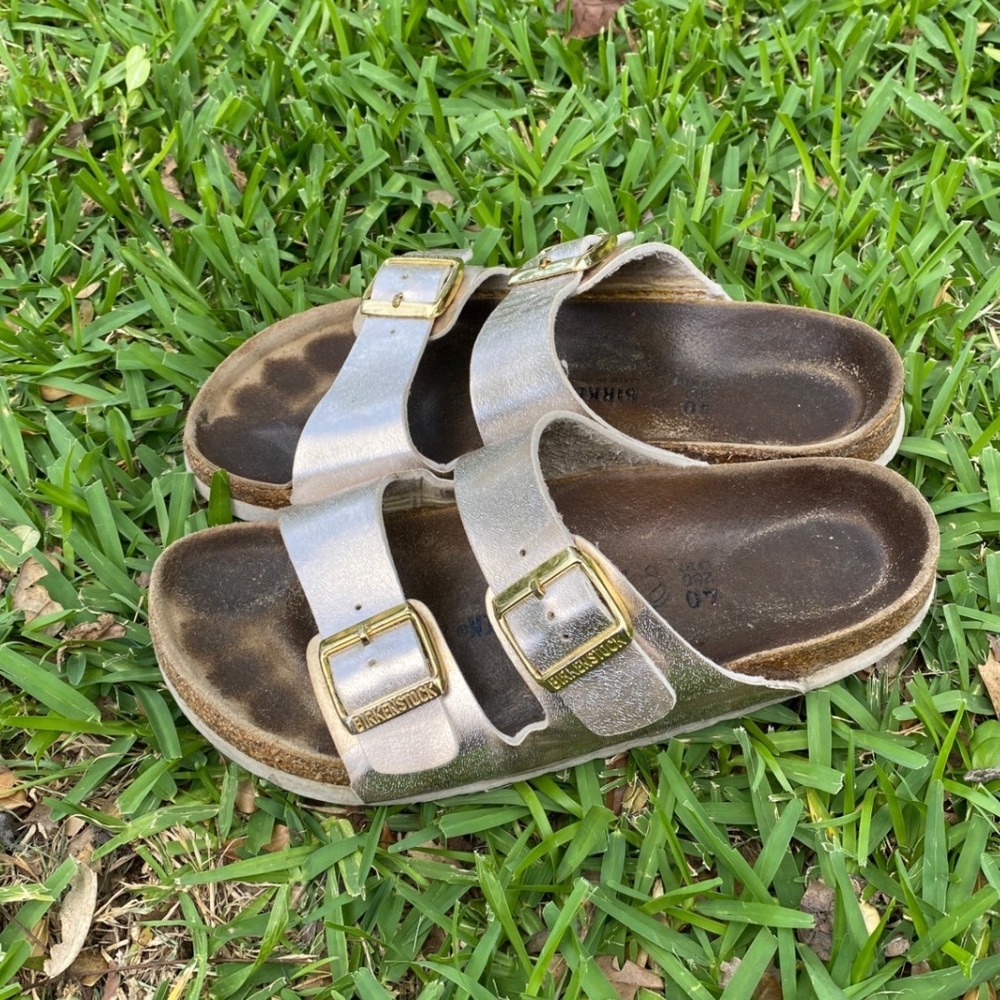 Birkenstock Arizona Metallic Silver Gold Buckle Sandals Womens 40 L9 M7
